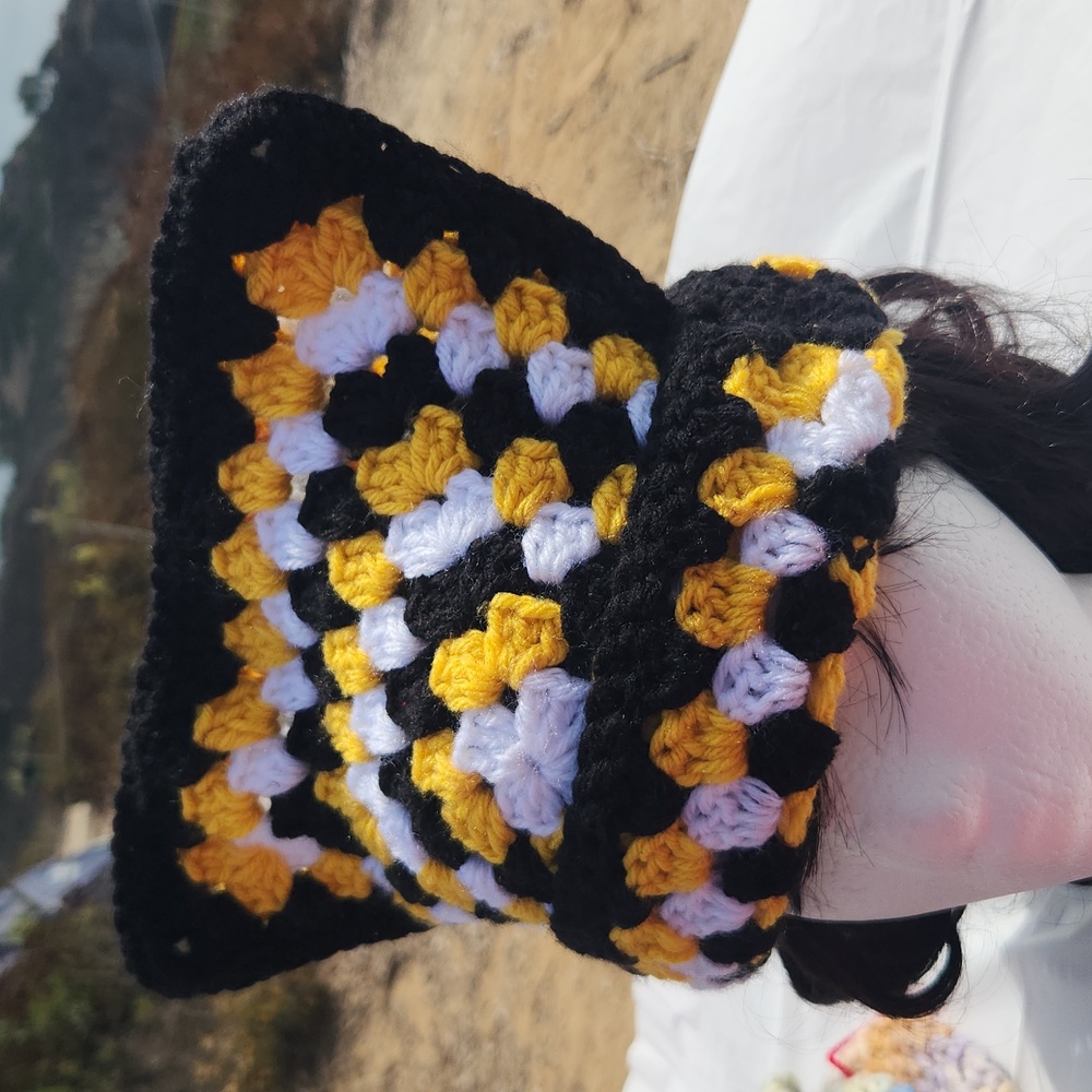 Handmade Unisex Giant Granny Square White Gold & Black Cat Ear Beanie Sack Hat